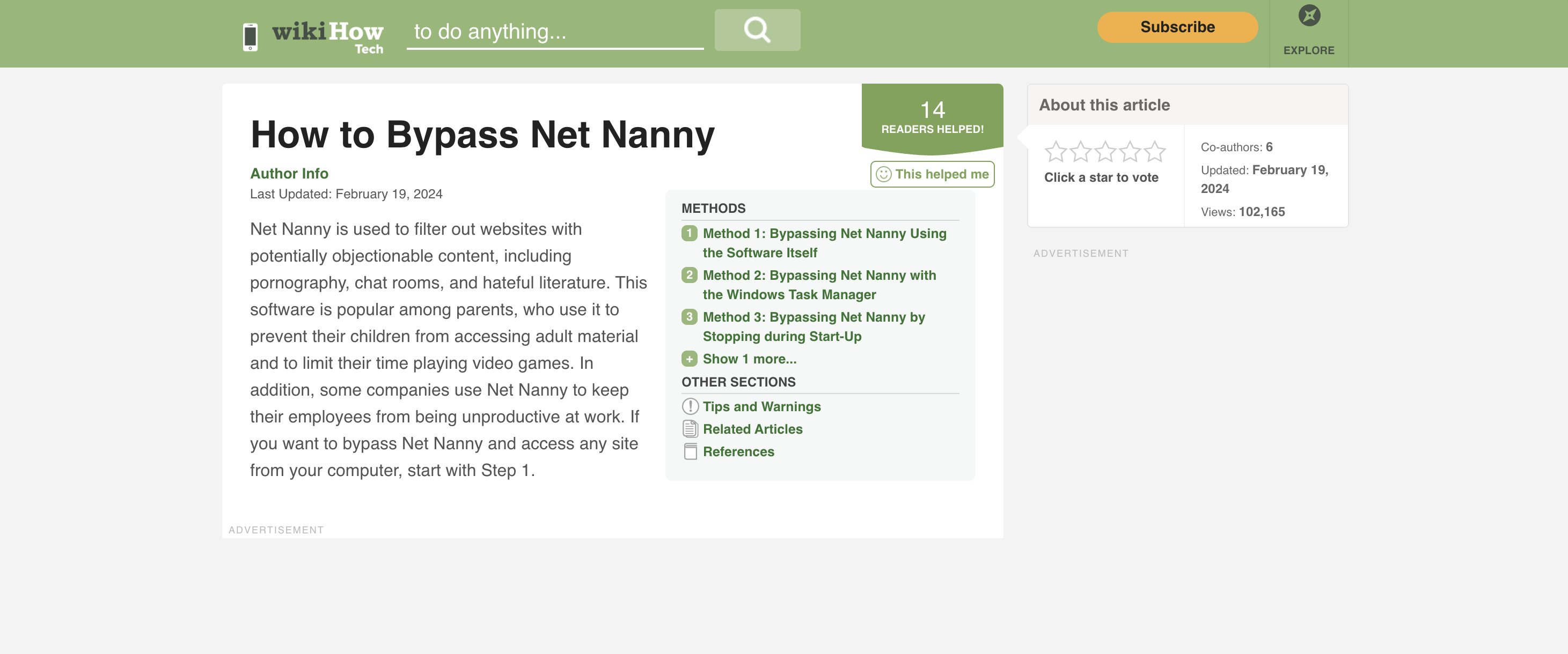 A screenshot of a Wikihow article on how to bypass popular parental monitoring program NetNanny.